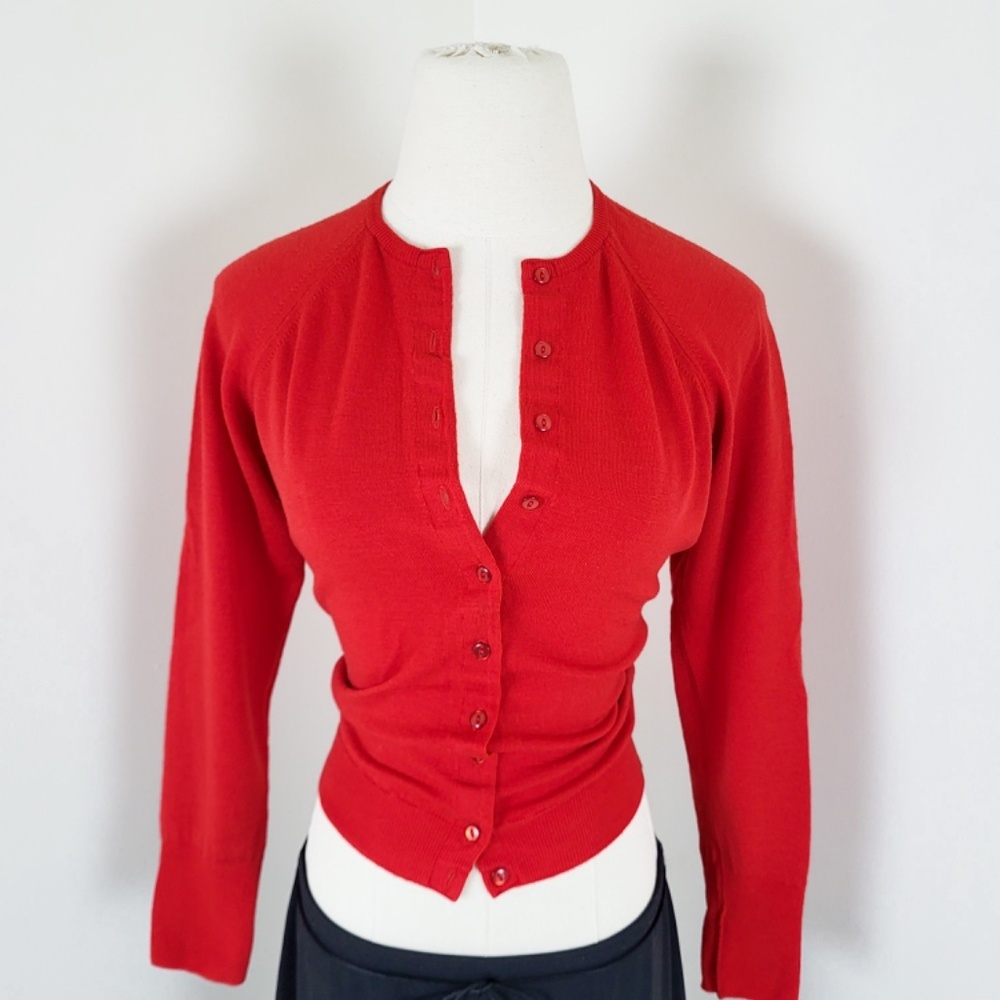 60’s Merino Wool Knit Cardigan Fitted Vintage 3/4 sleeve button down up - Picture 7 of 13